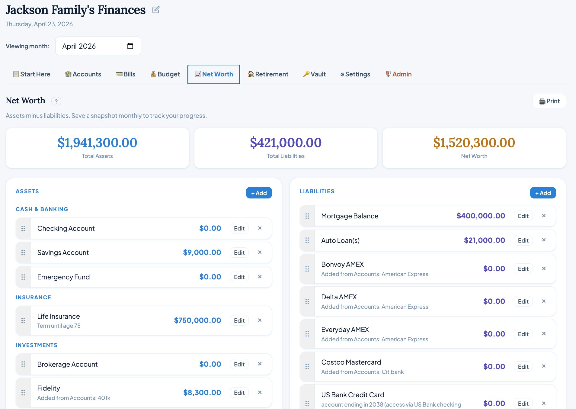 Net worth dashboard with assets and liabilities